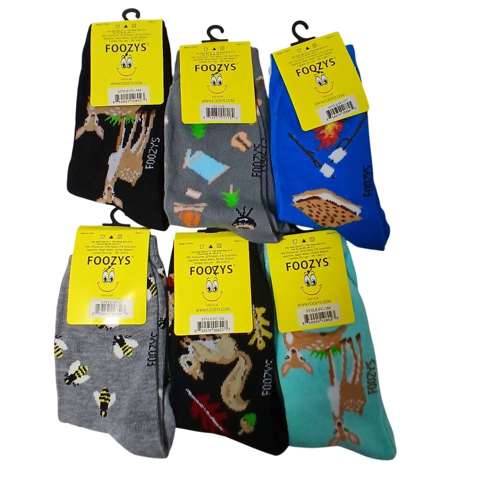 Foozys 6 Pair Camping Sock Bundle Women Deer Squirrel Smores Bee Outdoors #D-22 - Picture 2 of 6